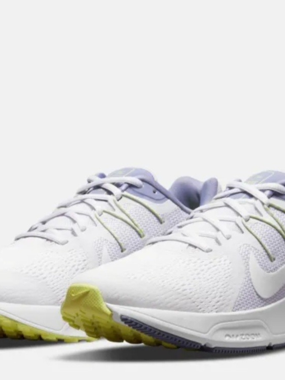 Nike White and Light Purple Running Shoes with Lime Accents